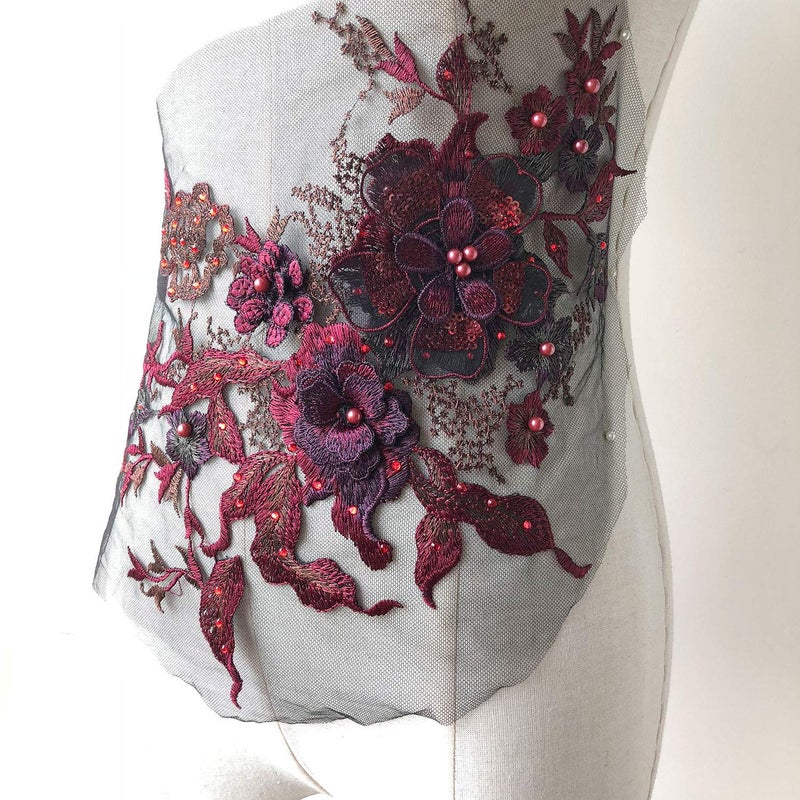 gelvs Blossom 3D Flower Applique, Beaded Sequins Flower LACE Patch Bridal Wedding Dress Embossed Beading Embroidery lace Appliques Motif Sewing Craft (Burgundy) - Image 5
